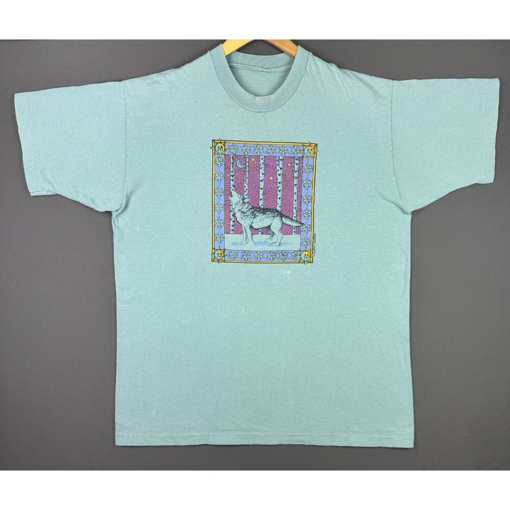 Vintage 90 s Animal Wolf Art Painting Moon Sun Nature Earth Forest Shirt XL